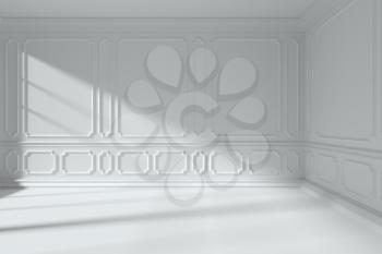 Simple white room interior with sunlight from window, with white decorative classic style molding frames on walls, with flat ceiling and floor and baseboard, 3d illustration