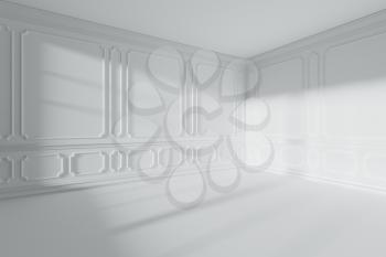 White empty room interior with sunlight from window, with white decorative classic style molding frames on walls, with flat ceiling, floor and baseboard, 3d illustration