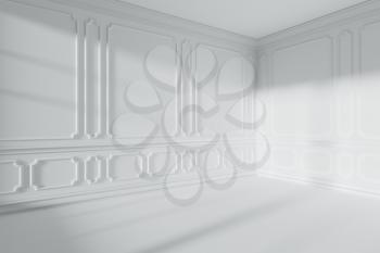 White empty room corner interior with sunlight from window, with white decorative classic style molding frames on walls, with flat ceiling, floor and baseboard, 3d illustration