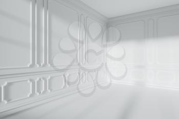 Simple empty white room corner interior with sunlight from window, with white decorative classic style molding frames on walls, with flat ceiling, floor and baseboard, 3d illustration.