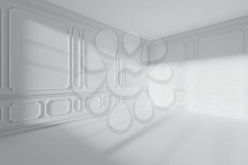 Corner of simple white empty room interior with sunlight from window, with white decorative classic style molding frames on walls, with flat ceiling, floor and baseboard, 3d illustration