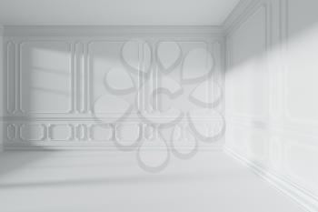 Simple empty white room interior with sunlight from window, with white decorative classic style molding frames on walls, with flat ceiling, floor and baseboard, 3d illustration