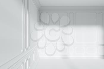 Corner in white empty room interior with sunlight from window, with white decorative classic style molding frames on walls, with flat ceiling, floor and baseboard, 3d illustration