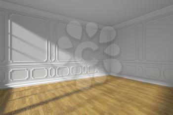 White empty room interior with sunlight from window, white decorative classic style molding frames on walls, wooden parquet floor and white baseboard wide angle, 3d illustration
