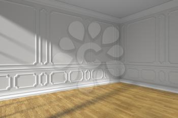 White empty room corner interior with sunlight from window, white decorative classic style molding frames on walls, wooden parquet floor and white baseboard, 3d illustration