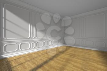 Corner in white empty room interior with sunlight from window, white decorative classic style molding frames on walls, wooden parquet floor and white baseboard, 3d illustration