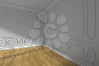White empty room interior with sunlight from window, white decorative classic style molding frames on walls, wooden parquet floor and white baseboard 3d illustration.
