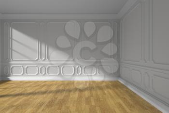 White empty room interior with sunlight from window, white decorative classic style molding frames on walls, white baseboard and wooden parquet floor, 3d illustration