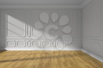 White empty room interior with sunlight from window, white decorative classic style molding frames on walls, brown wooden parquet floor and white baseboard, 3d illustration