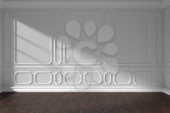 White empty room wall interior with sunlight from window, decorative classic style molding frames on walls, dark wooden parquet floor and white baseboard, 3d illustration