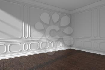 Empty white room interior with sunlight from window, classic style molding frames on walls, dark wooden parquet floor and white baseboard, 3d illustration