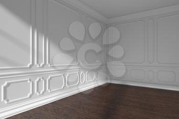 Empty white room corner interior with sunlight from window, decorative classic style molding frames on walls, dark wooden parquet floor and white baseboard, 3d illustration.