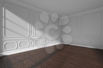 White empty room corner interior with sunlight from window, decorative classic style molding frames on walls, dark wooden parquet floor and white baseboard, 3d illustration