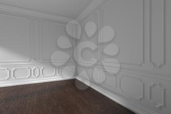 White empty room corner interior with sunlight from window, decorative classic style molding frames on walls, dark wooden parquet floor and white baseboard closeup, 3d illustration