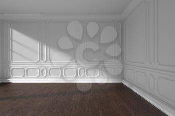 Empty white room interior with sunlight from window, decorative classic style molding frames on walls, dark wooden parquet floor and white baseboard, 3d illustration