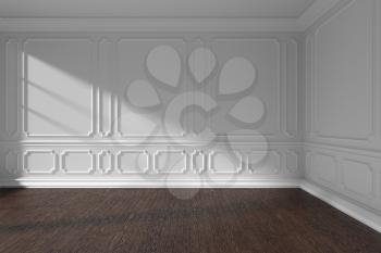 White empty room interior with sunlight from window, decorative classic style molding frames on walls, dark wooden parquet floor and white baseboard, 3d illustration