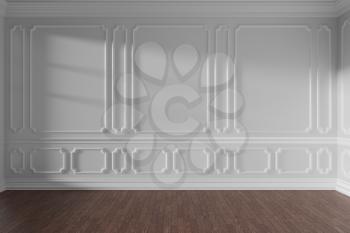 White empty room wall interior with sunlight from window, decorative classic style molding on walls, dark wooden parquet floor and white baseboard, 3d illustration