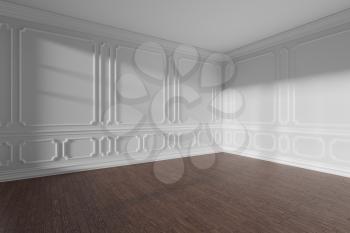 White empty room interior with sunlight from window, decorative classic style molding on walls, dark wooden parquet floor and white baseboard, 3d illustration