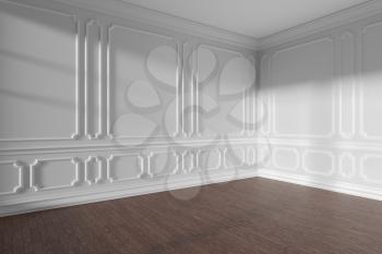 White empty room interior with sunlight from window, decorative classic style molding on walls, dark wooden parquet floor and white baseboard 3d illustration.