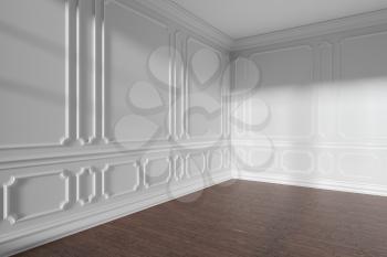 White empty room interior with sunlight from window, decorative classic style molding on walls, dark wooden parquet floor and white baseboard closeup, 3d illustration