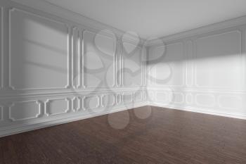White empty room interior with sunlight from window, decorative classic style molding on walls, dark wooden parquet floor and white baseboard, 3d illustration, wide angle