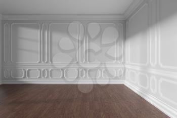 Empty white room interior with sunlight from window, decorative classic style molding on walls, dark wooden parquet floor and white baseboard, 3d illustration