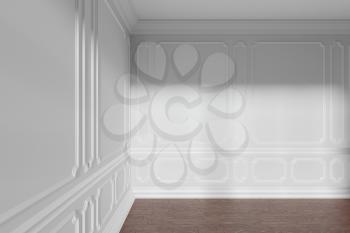 White empty room corner interior with sunlight from window, decorative classic style molding on walls, dark wooden parquet floor and white baseboard closeup, 3d illustration