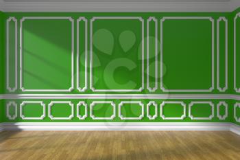 Green empty room wall interior with sunlight from window, white decorative classic style molding on walls, wooden parquet floor and white baseboard, 3d illustration