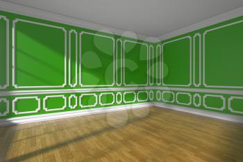 Green empty room interior with sunlight from window, white decorative classic style molding on walls, wooden parquet floor and white baseboard, 3d illustration.