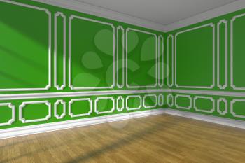 Green empty room interior with sunlight from window, white decorative classic style molding on walls, wooden parquet floor and white baseboard, 3d illustration, closeup