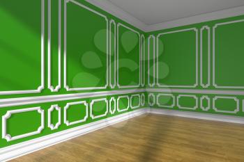 Green empty room corner interior with sunlight from window, white decorative classic style molding on walls, wooden parquet floor and white baseboard, 3d illustration
