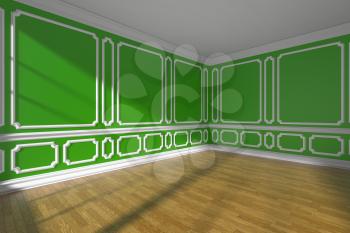 Green empty room interior with sunlight from window, white decorative classic style molding on walls, wooden parquet floor and white baseboard, 3d illustration, wide angle