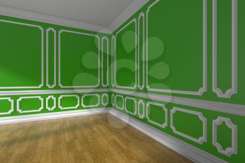 Empty green room corner interior with sunlight from window, white decorative classic style molding on walls, wooden parquet floor and white baseboard, 3d illustration
