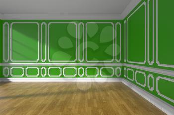 Empty green room interior with sunlight from window, white decorative classic style molding on walls, wooden parquet floor and white baseboard, 3d illustration