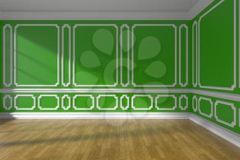 Green empty room interior with sunlight from window, white decorative classic style molding on walls, wooden parquet floor and white baseboard, 3d illustration