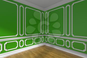 Green empty room corner interior with sunlight from window, white decorative classic style molding on walls, wooden parquet floor and white baseboard, 3d illustration, closeup