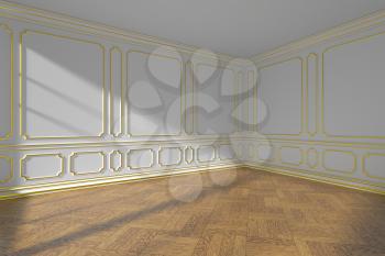 White empty room interior with sunlight from window, golden decorative classic style molding on walls, wooden parquet floor and white baseboard, 3d illustration
