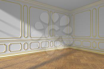 White empty room corner interior with sunlight from window, golden decorative classic style molding on walls, wooden parquet floor and white baseboard, 3d illustration