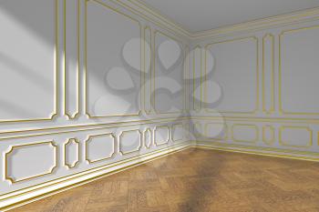 White empty room corner interior with sunlight from window, golden decorative classic style molding on walls, wooden parquet floor and white baseboard closeup, 3d illustration