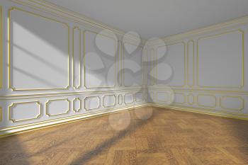 White empty room interior with sunlight from window, golden decorative classic style molding on walls, wooden parquet floor and white baseboard, wide angle, 3d illustration