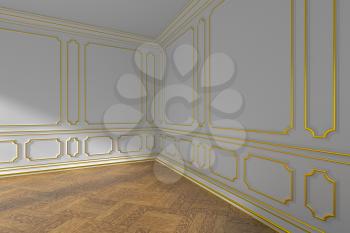 White empty room angle interior with sunlight from window, golden decorative classic style molding on walls, wooden parquet floor and white baseboard, 3d illustration