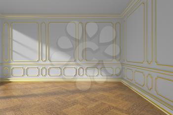 White empty room interior with sunlight from window, decorative classic style golden molding on walls, wooden parquet floor and white baseboard, 3d illustration