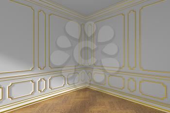 Corner of white empty room interior with sunlight from window, golden decorative classic style molding on walls, wooden parquet floor and white baseboard, 3d illustration