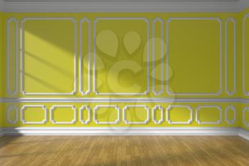 Yellow empty room wall interior with sunlight from window, decorative classic style molding on walls, wooden parquet floor and white baseboard, 3d illustration