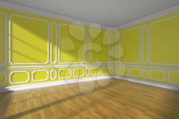 Yellow empty room interior with sunlight from window, classic style molding on walls, wooden parquet floor and white baseboard, 3d illustration.