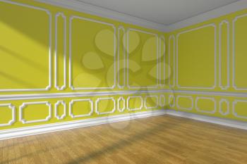 Empty yellow room interior with sunlight from window, classic style molding on walls, wooden parquet floor and white baseboard, 3d illustration