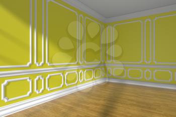 Empty yellow room corner interior with sunlight from window, decorative classic style molding on walls, wooden parquet floor and white baseboard, 3d illustration