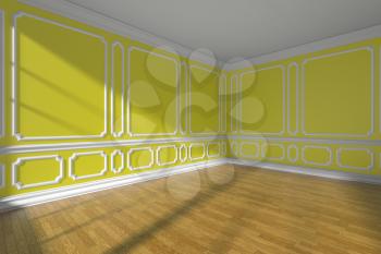 Empty yellow room interior with sunlight from window, decorative classic style molding on walls, wooden parquet floor and white baseboard, wide angle, 3d illustration