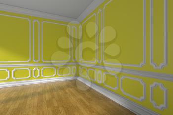 Empty yellow room corner interior with sunlight from window, decorative classic style molding on walls, wooden parquet floor and white baseboard, closeup, 3d illustration