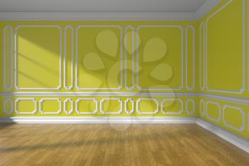 Yellow empty room interior with sunlight from window, decorative classic style molding on walls, wooden parquet floor and white baseboard, 3d illustration